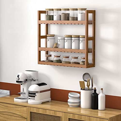 Domax Bamboo Bathroom Shelf 3-Tier Wall Mount Storage Rack Multifunctional Adjustable Layer Free Standing Over Toilet Utility Shelves Living Room Kitchen (Walnut) - Image 4