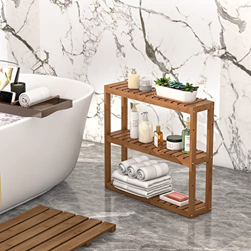 Domax Bamboo Bathroom Shelf 3-Tier Wall Mount Storage Rack Multifunctional Adjustable Layer Free Standing Over Toilet Utility Shelves Living Room Kitchen (Walnut) - Image 3