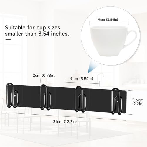 XILIMEN Mug Holder Wall Mounted, 2 Pack Coffee Cup Hooks, Metal Mug Rack for Kitchen, Modern Unique Cabinets Cups, Cup Holder Hanging Wall Hanger for Kitchen, Dining Room Coffee Bar (Black) - Image 5