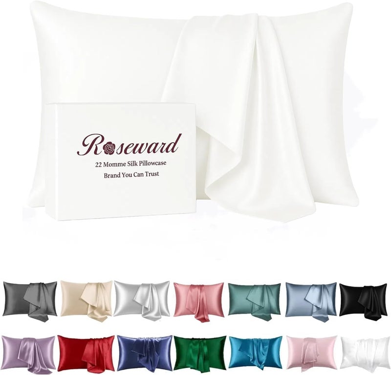 ROSEWARD White Silk Pillow Cases King with Zipper Made in USA, Real 22 Momme Mulberry Silk Pillowcase for Hair and Skin, Premium Pillow Cover, 100% Organic, Anti Acne, 1 Pc 20"x36" (King, White) - Image 1