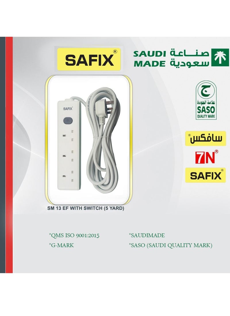 Safix - 5 Yard Power Extension Cord, Multi plug with 3 Power Sockets and On Off Switch White, Saudi Made - Image 1