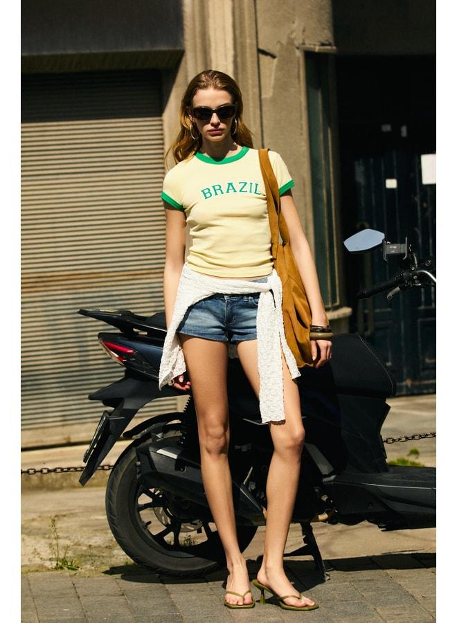 GRIMELANGE WREN Women's Soft and Flexible Fabric Printed Detailed Slim Yellow T-Shirt. - Image 3
