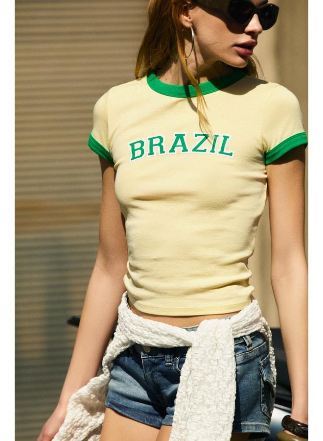 GRIMELANGE WREN Women's Soft and Flexible Fabric Printed Detailed Slim Yellow T-Shirt. - Image 1