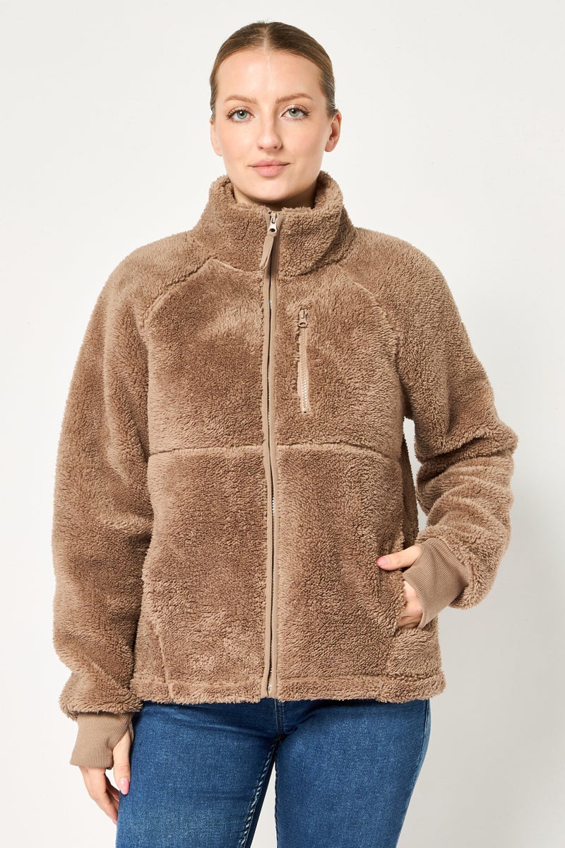 Bearpaw Women Textured Sherpa Jacket, Taupe - Image 1