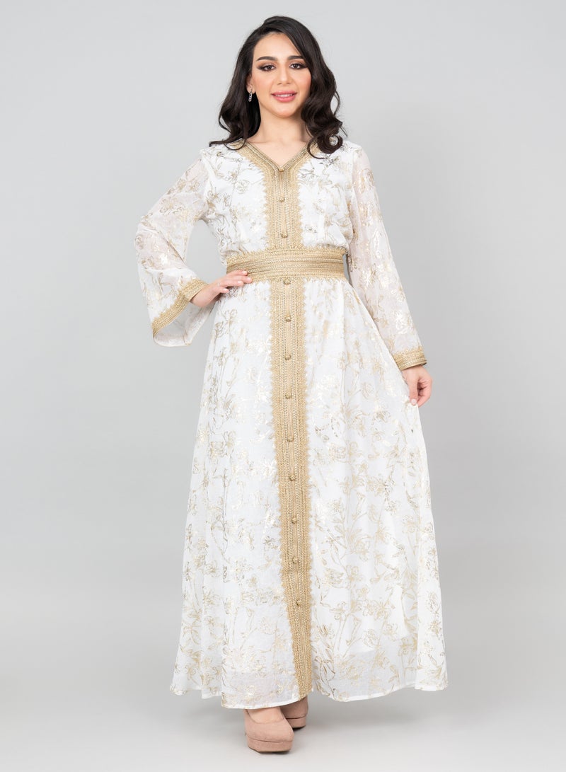 اكسا جلابية دانتيل مطبوعة عصرية بيضاء - Image 1