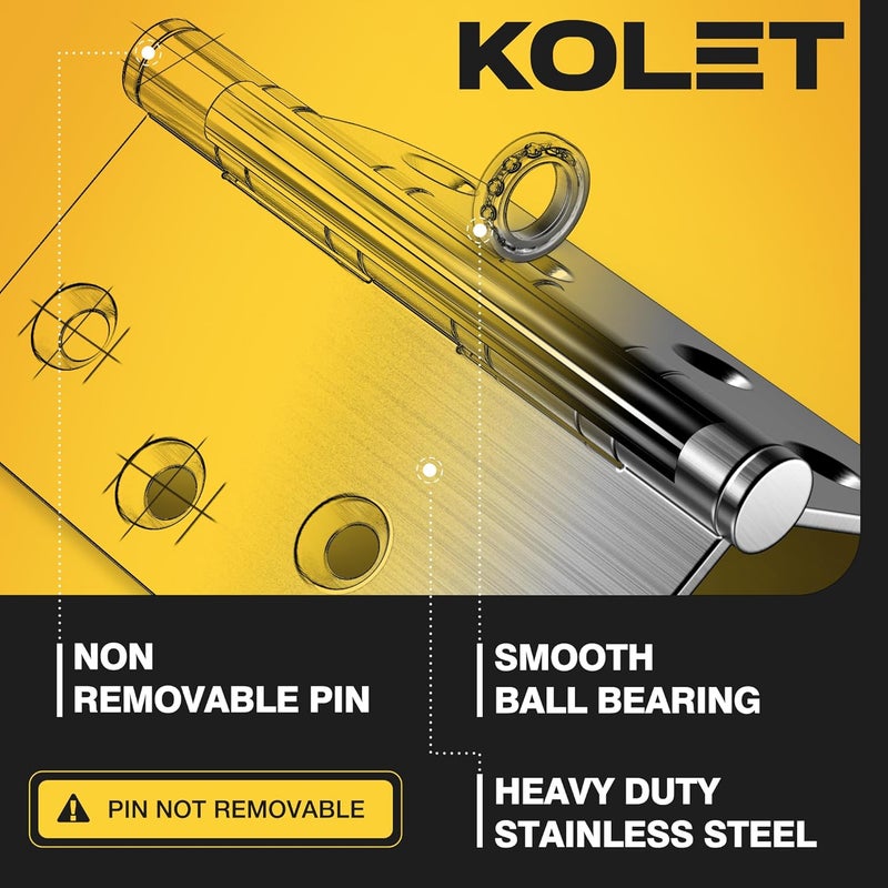 Kolet Ball Bearing Door Hinges, 4 x 4 Inches Door Hinges, Square and 5/8'' Radius Corner, Heavy Duty Stainless Steel Hinges, Smooth and Quiet, Non Removable Pin, Brushed Nickel, 3 Pack - Image 3