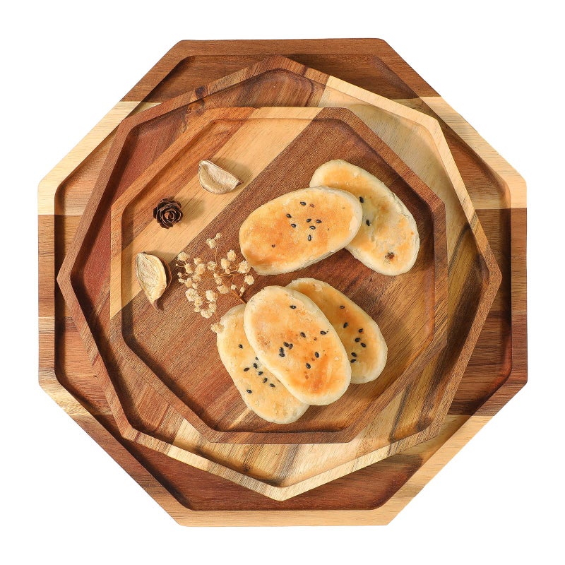 Fumete Set of 3 Acacia Wood Serving Trays 8 10 12 Octagon Wooden Home Decor Platters for Fruit Vegetables Dessert Cheese Appetizer Serving Tray Party Entertaining Charcuterie Board