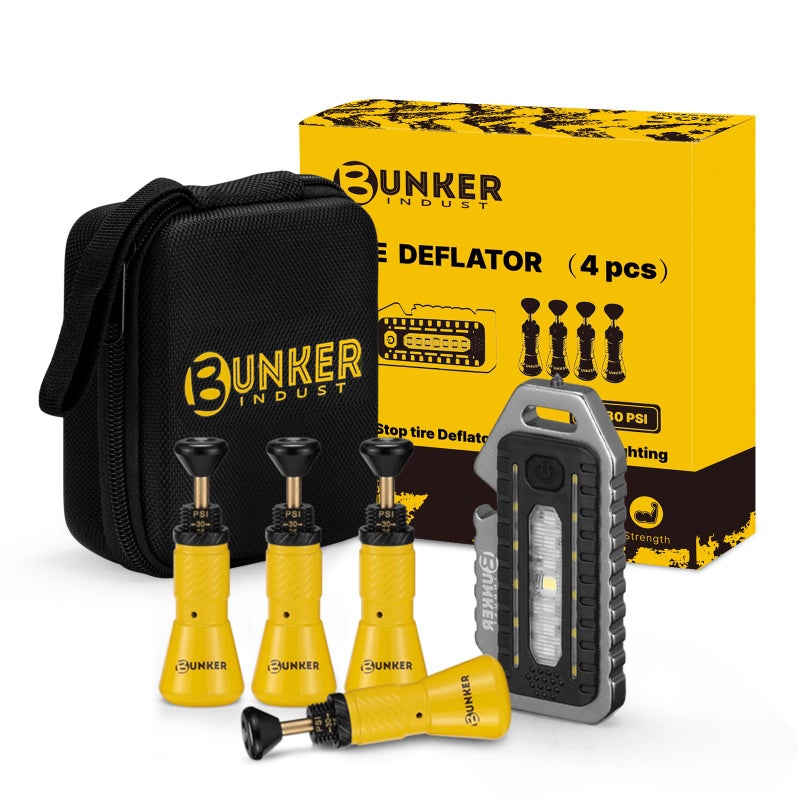 طقم تفريغ هواء الإطارات القابل للتعديل BUNKER INDUST مع نظام إيقاف تلقائي 4 قطع ضغط 1030 PSI 1 قطعة مصباح LED متعدد الوظائف مع صفارة أمان وفتاحة زجاجات وحقيبة حمل