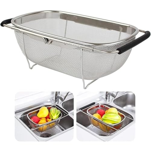 Kreshu Stainless Steel Oval Fine Mesh Colander Strainer with Rubber Rubber Grip Handle| Multi-Functional Large Over The Sink Basket Expandable Drainer for Rinse Vegetables Fruits (Pack of 1) - Image 1