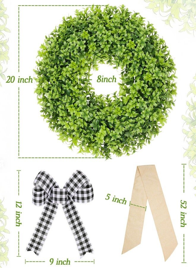 Vlorart 20 Inch Boxwood Wreaths for Front Door, Artificial Spring Wreath for Wall Farmhouse Wedding Porch Green Wreath with Sash Year Round Indoor Outdoor for Summer Farmhouse Wreaths Home Decorations - Image 3