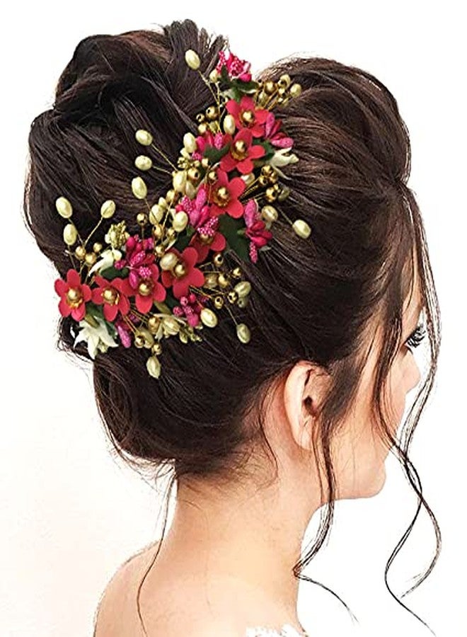 Hair Flare Floral Hair Vein and Hair Pin Set/Bridal Hair Accessories/Hairpin/Side Judapin/Combo Set - 2205/2206, Dark Pink - Image 3