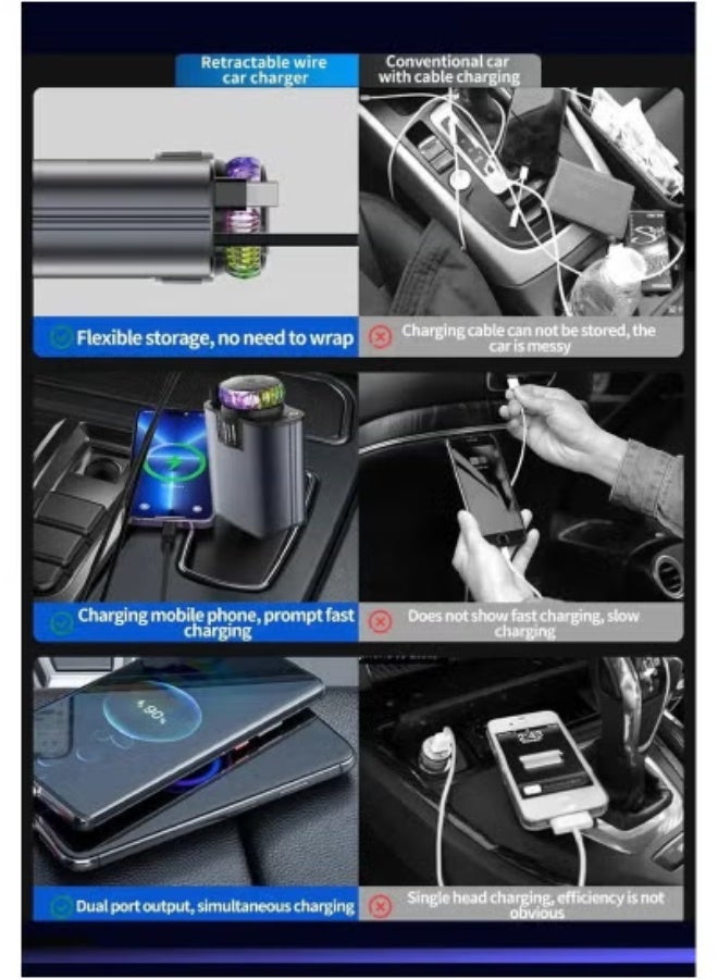 JAJEEK 120W 5-in-1 Retractable Car Charger with Built-in Starlight Ambient Lamp & Air Freshener | PD 30W Fast Charging for iPhone & Android Devices | USB-C & QC3.0 Multi-Port Car Adapter | Fireproof PC Shell | Universal Car Accessory for Travel & Commute - Image 3