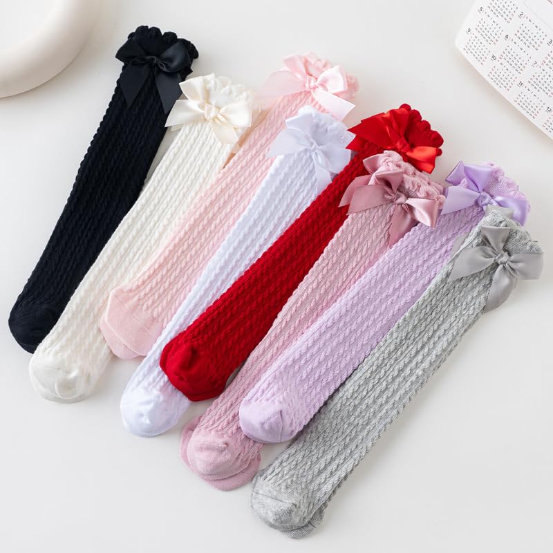 Toptim Little Girl's Knee High Socks Over Calf Kids Overknee Stockings Bow Style (H-5Pairs) - Image 2