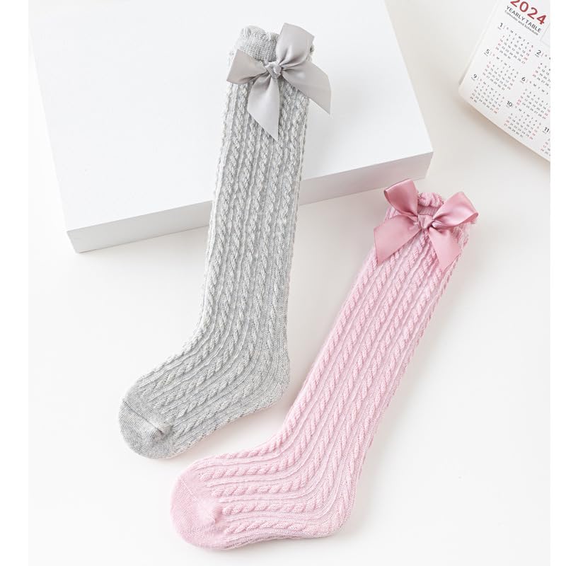 Toptim Little Girl's Knee High Socks Over Calf Kids Overknee Stockings Bow Style (H-5Pairs) - Image 3