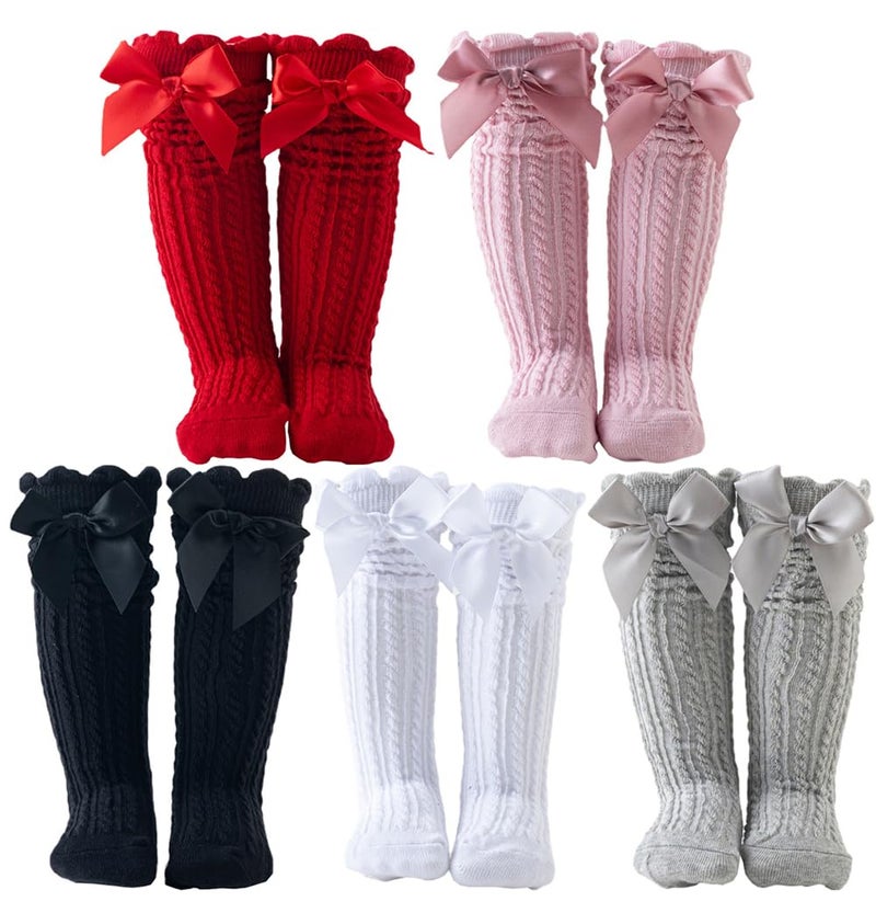 Toptim Little Girl's Knee High Socks Over Calf Kids Overknee Stockings Bow Style (H-5Pairs) - Image 1