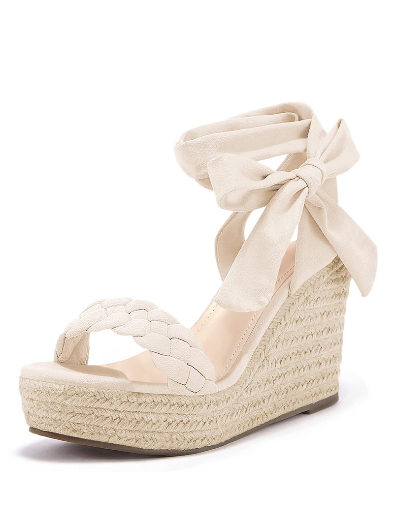 Syktkmx Womens Braided Wedge Espadrille Sandals Lace Up Slingback Open Toe Summer Platform Heeled Shoes, Nude, Size 8.5 - Image 1