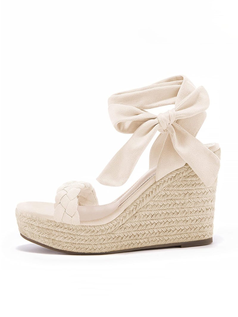 Syktkmx Womens Braided Wedge Espadrille Sandals Lace Up Slingback Open Toe Summer Platform Heeled Shoes, Nude, Size 8.5 - Image 5