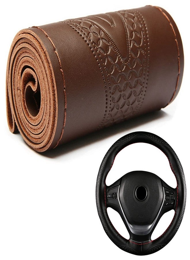 DEEYOTA Car Steering Wheel Cover Universal Fit Round Stitch Steering Wheel Wrap Thin PU Leather Steering Wheel Cover Sewn on 15" Car Wheel (Coffee) - Image 1