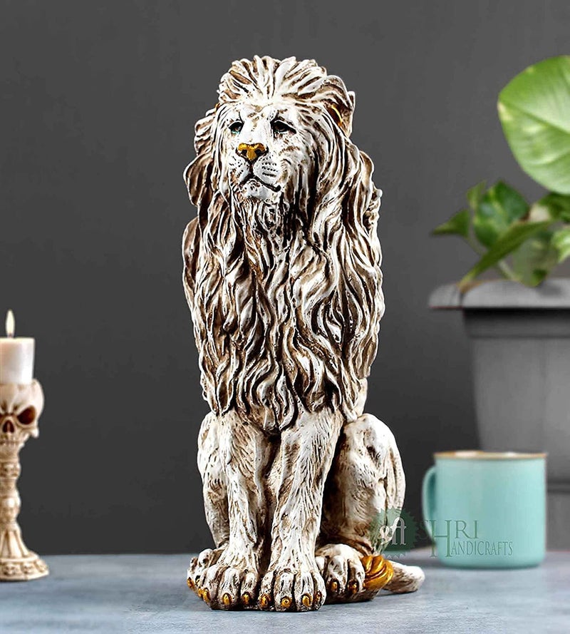 INDICAST Porcelain 15 Handmade Stone Finish Animal Figurines Gifts Antique Design Lion Sitting Statue for Home Decoration - Image 1