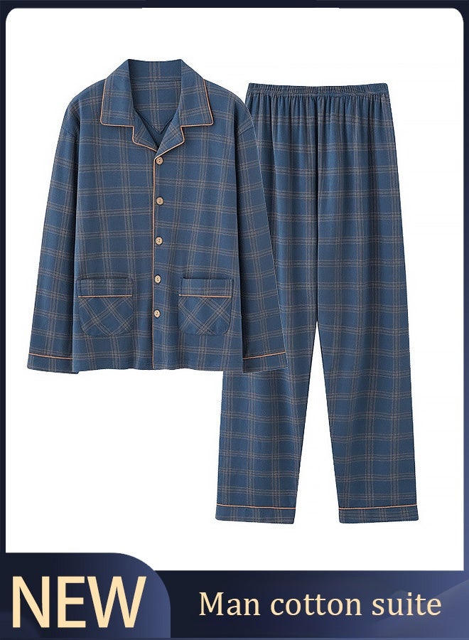 2-Piece Pajama Set Men's Pure Cotton Long-Sleeved T-Shirt Long Pants Sets Fashion Grid Pattern Sleepwear Nightgown Male Loose Spring Summer Thin Casual Loungewear Home Clothes Blue - Image 1