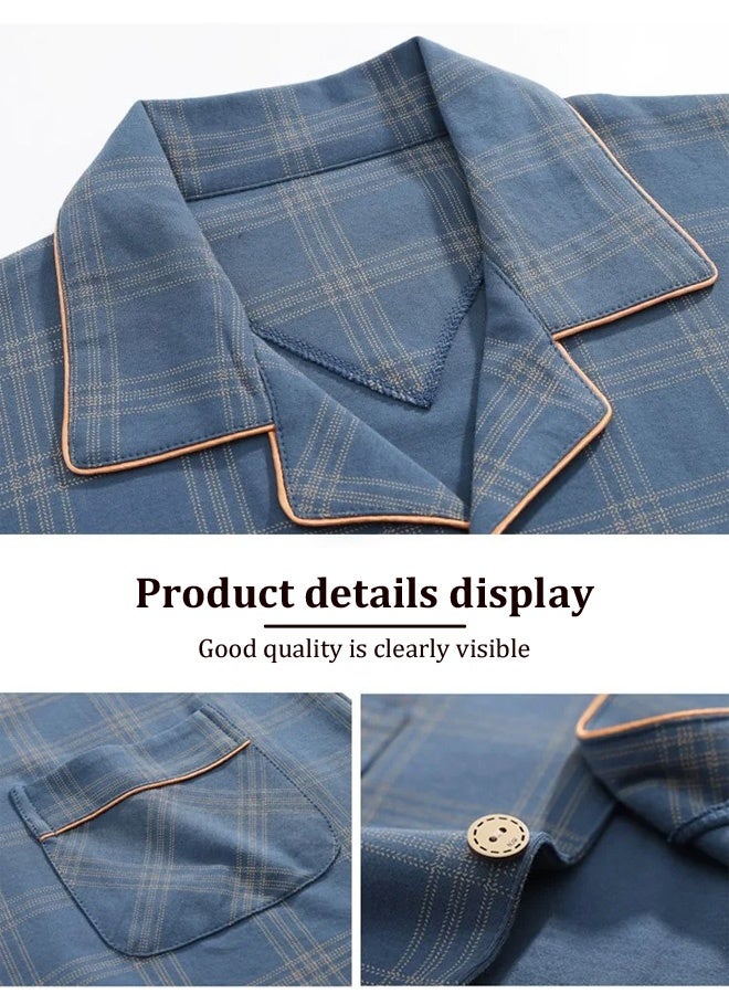 2-Piece Pajama Set Men's Pure Cotton Long-Sleeved T-Shirt Long Pants Sets Fashion Grid Pattern Sleepwear Nightgown Male Loose Spring Summer Thin Casual Loungewear Home Clothes Blue - Image 5