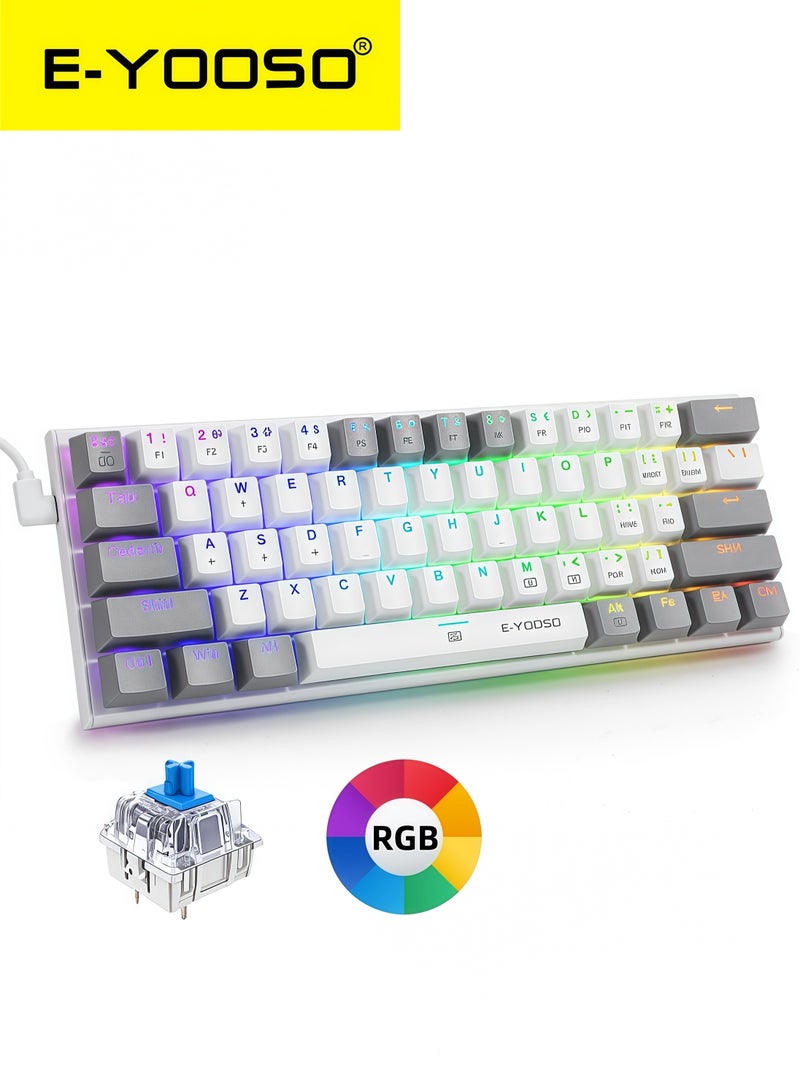 E-YOOSO Z-11 61 Keys Mechanical Gaming Keyboard,Blue Switch 60% Wired Compact Keyboard,RGB Backlit and Metal Panel for Windows,Mac OS-White Grey - Image 1
