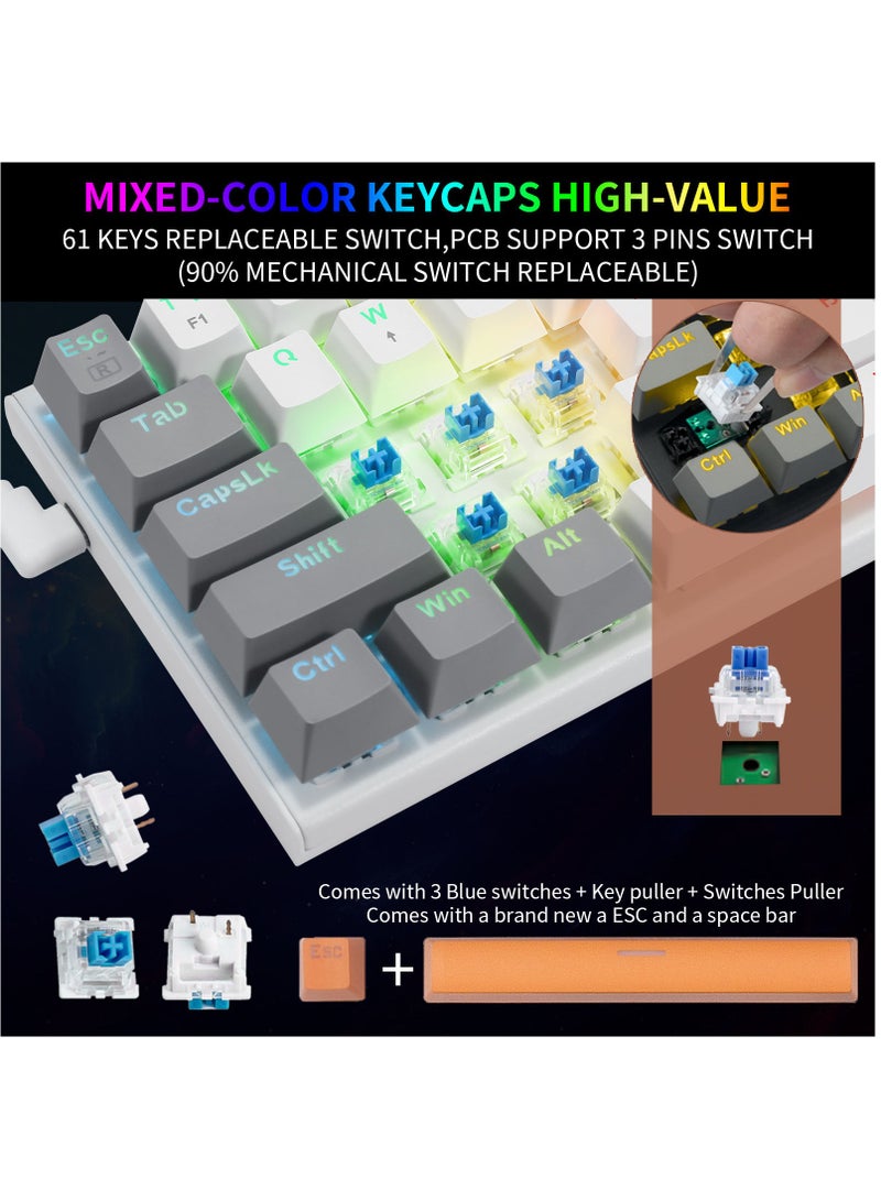 E-YOOSO Z-11 61 Keys Mechanical Gaming Keyboard,Blue Switch 60% Wired Compact Keyboard,RGB Backlit and Metal Panel for Windows,Mac OS-White Grey - Image 2