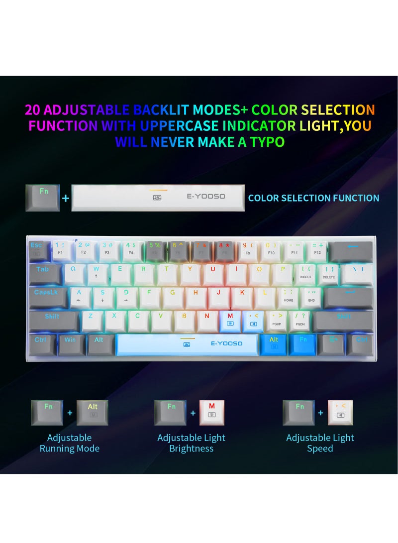 E-YOOSO Z-11 61 Keys Mechanical Gaming Keyboard,Blue Switch 60% Wired Compact Keyboard,RGB Backlit and Metal Panel for Windows,Mac OS-White Grey - Image 3
