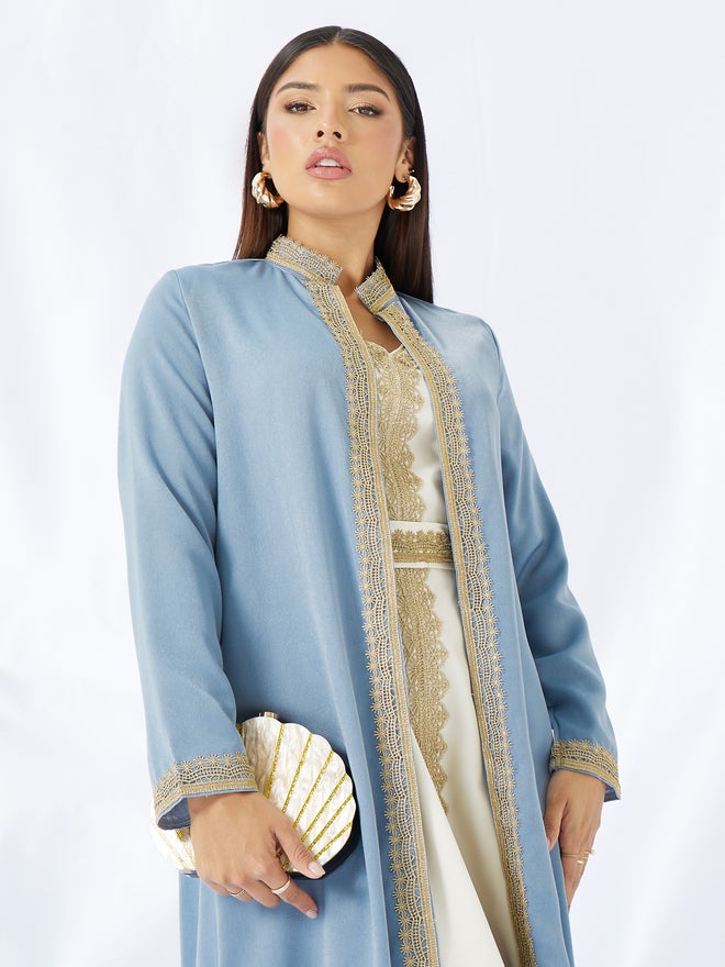 Styli Styli Lace Trim Collared Belted Satin Abaya with Inner Dress  - Image 2