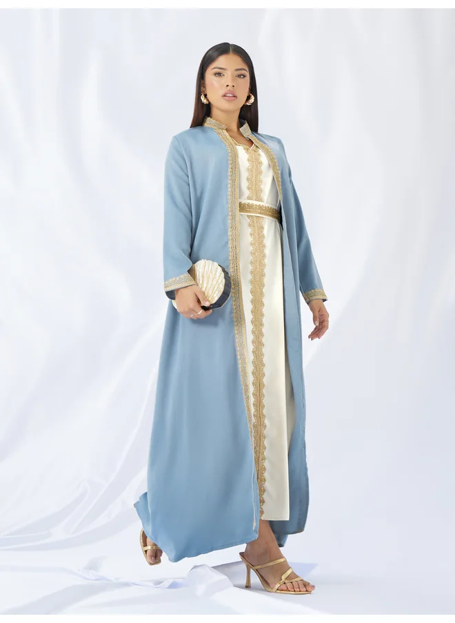 أميرة Amirah Lace Trim Collared Belted Satin Abaya with Inner Dress