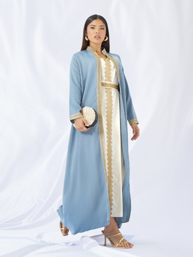 Styli Styli Lace Trim Collared Belted Satin Abaya with Inner Dress  - Image 1