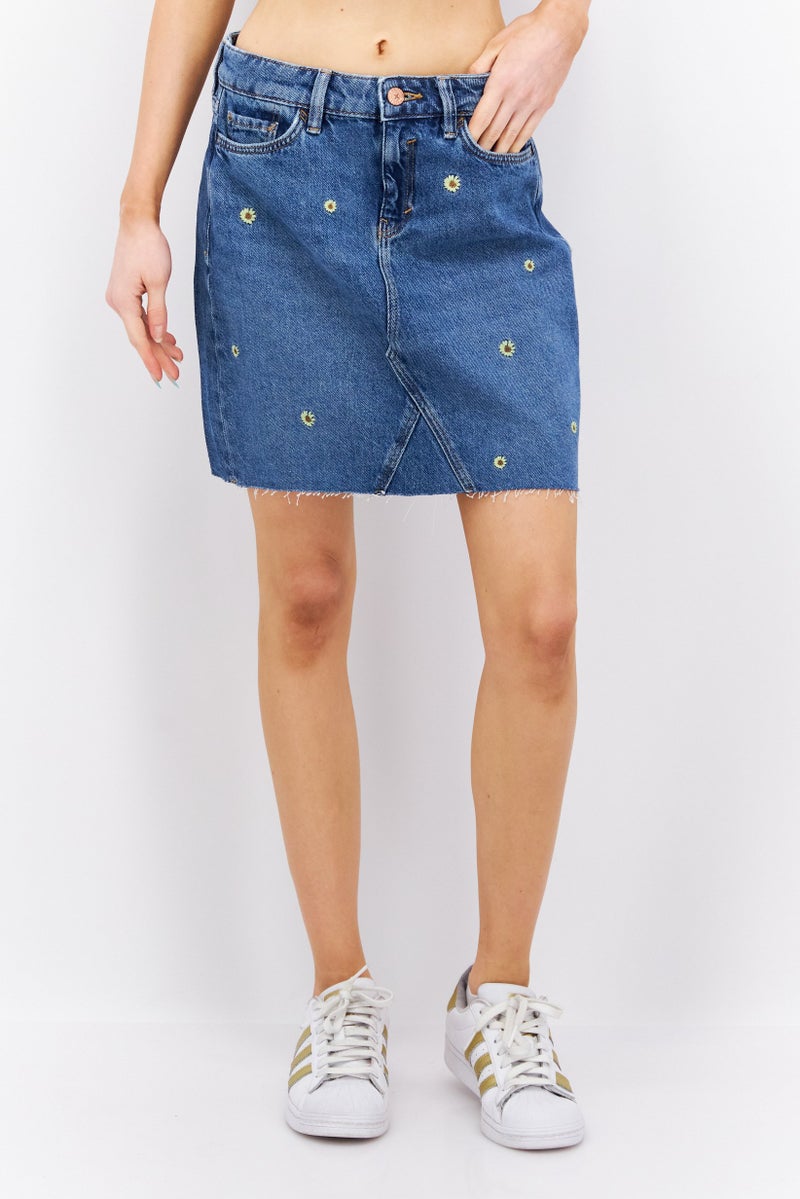 ESPRIT Women Washed Embroided Denim Skirts, Blue - Image 1