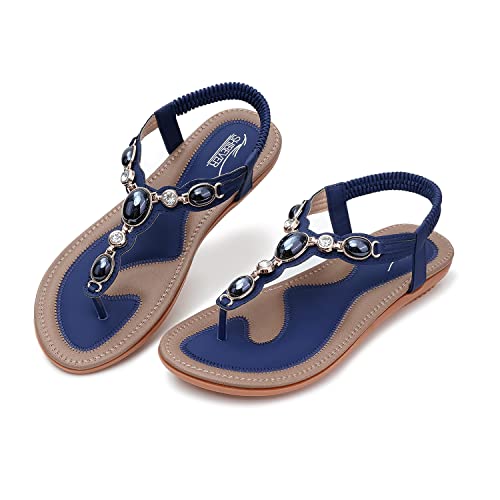 SHIBEVER Flat Sandals for Women Dressy: Navy Blue Size 10 Summer Comfort Boho Dress Sandals - Comfortable Walking Dressy Flats Womens Sandal - Image 1