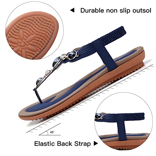 SHIBEVER Flat Sandals for Women Dressy: Navy Blue Size 10 Summer Comfort Boho Dress Sandals - Comfortable Walking Dressy Flats Womens Sandal - Image 3