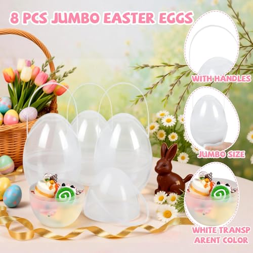 APUDWN 10 Inch 4 Pack Jumbo Fillable Easter Eggs, Translucent Colors Plastic Giant Eggs, Empty Large Easter Basket Stuffers with Handles for Treats Hunts Party Favors Prize Gifts Spring Decorations - Image 3