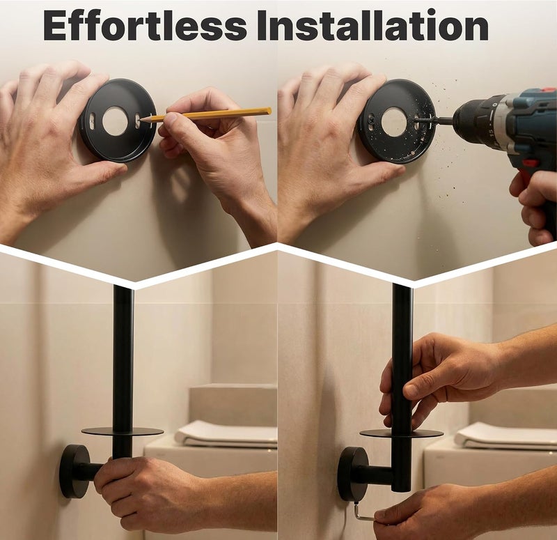 Minismus Wall Mounted Stainless Steel Toilet Paper Holder with Easy Assembly and Drilling Installation, Toilet Paper Holder Holds up to 3 Standard Replacement Rolls (Black) - Image 2