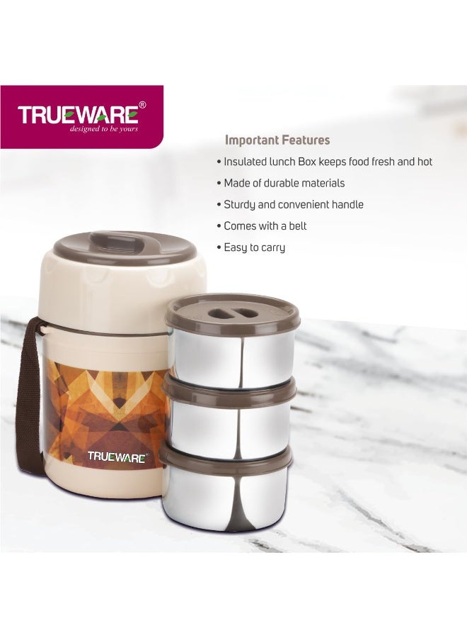 Trueware علبة غداء ترووير أوفيس بلس 3 مع 3 حاويات من الفولاذ المقاوم للصدأ، 300 مل × 3، بني | معزولة بالبولي يوريثان | علبة غداء | علبة طعام | علبة غداء ساخنة | مانعة للتسرب - Image 4