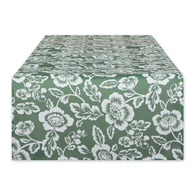 EL: TEXTILES ARTICHOKE GREEN  FLORAL PRINT OUTDOOR TABLE RUNNER 14x72 - Image 1