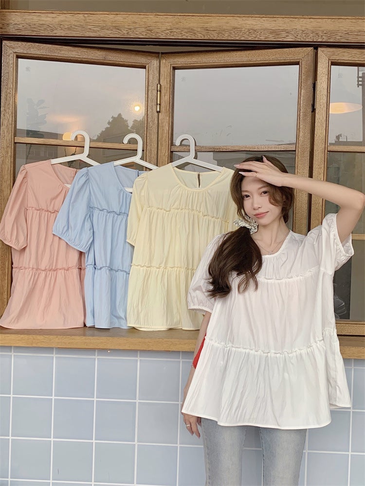 French Design Top, Loose And Versatile Round Neck Puff Sleeve Shirt, Elegant Little Baby Doll Shirt 33078 # - Image 2