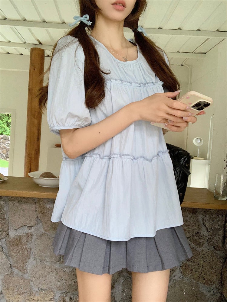 French Design Top, Loose And Versatile Round Neck Puff Sleeve Shirt, Elegant Little Baby Doll Shirt 33078 # - Image 1