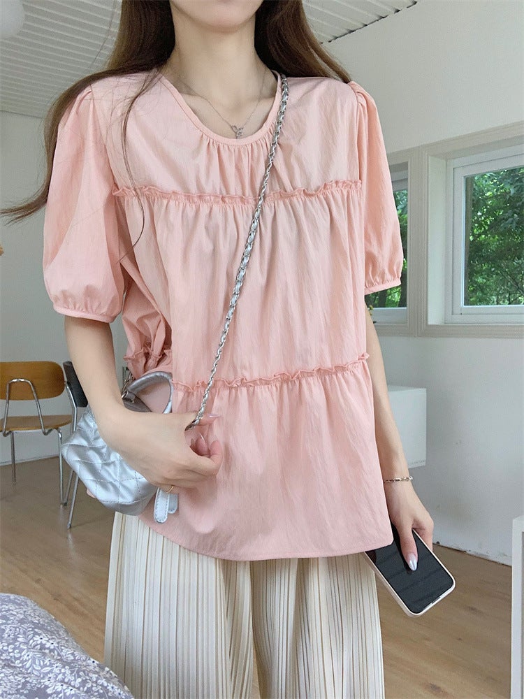 French Design Top, Loose And Versatile Round Neck Puff Sleeve Shirt, Elegant Little Baby Doll Shirt 33078 # - Image 5