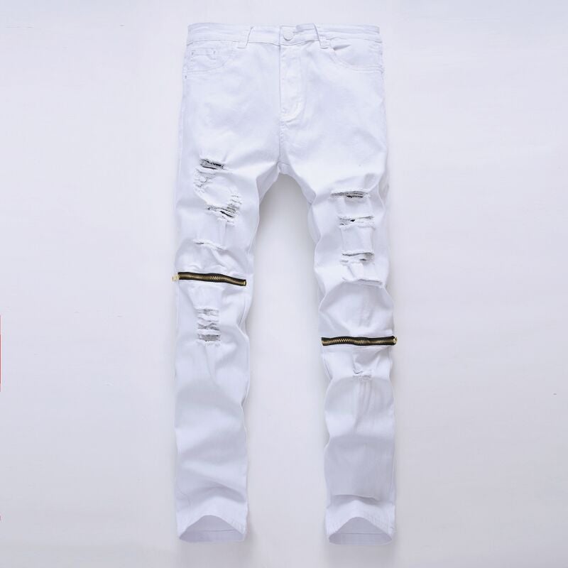 New White Slim-Fit Zipper Ripped Casual Jeans Stretch Multi-Color Trousers - Image 1