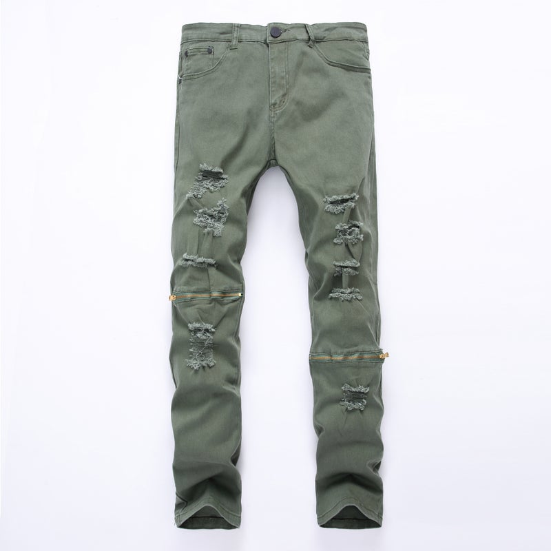 New White Slim-Fit Zipper Ripped Casual Jeans Stretch Multi-Color Trousers - Image 4