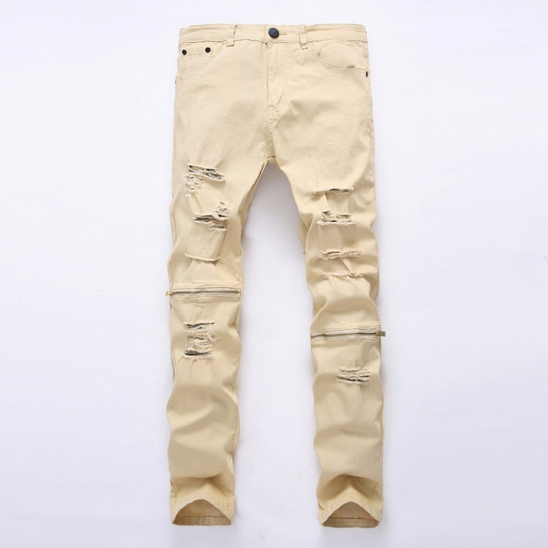 New White Slim-Fit Zipper Ripped Casual Jeans Stretch Multi-Color Trousers - Image 3