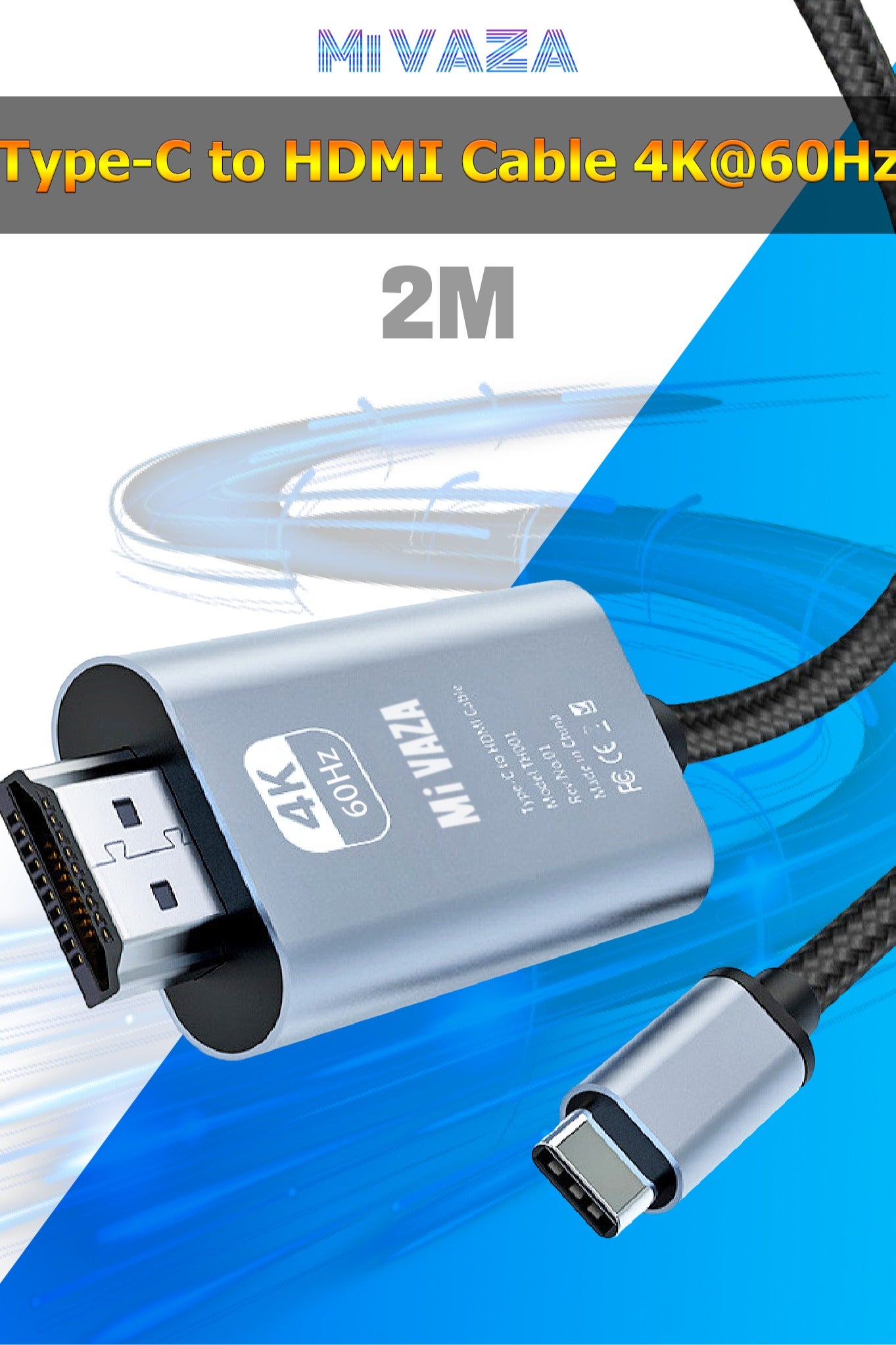 Mi VAZA Type-C to HDTV Cable - Support 4K - HDMI 2.0 Monitor Cable - Compatible with Mobile Phone/Laptop/Computer/iPad/Android/iOS/Samsung/Projector - 2M