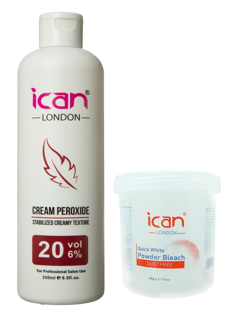 iCan London - ICAN LONDON PROFESSIONAL CREAM PEROXIDE 20 VOL 6% 250 ML + WHITE POWDER BLEACH (JAR) 80 G SET - Image 1