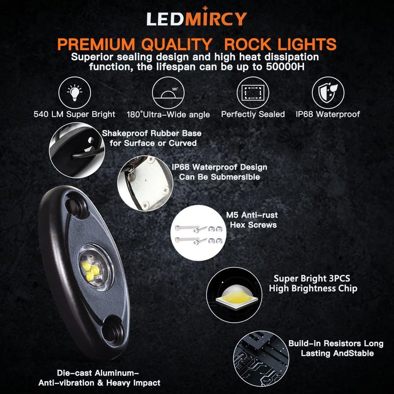 LEDMIRCY مصابيح LEDMIRCY R1 الصخرية البيضاء النقية 4 قطع للطرق الوعرة والشاحنات والسيارات والقوارب وعربات ATV وSUV مقاومة للماء عالية الطاقة إضاءة نيون للمسارات وإضاءة تحتية داخلية وخارجية مضادة للصدمات (4 قطع بيضاء) - Image 4