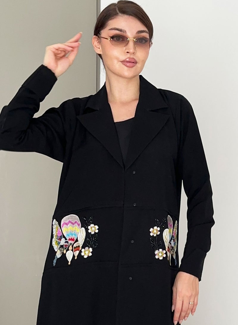 Rosette Abaya Elegant Blazer Style Abaya with Fantasy Embroidery Design - Image 1