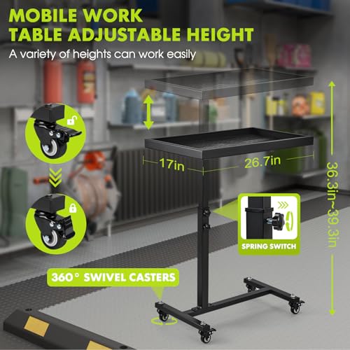 OLBRUS Adjustable Work Table with Wheels, Mechanic Rolling Tool Tray Table for Garage Repair Shops DIY, 220LBS Capacity Mobile Heavy Duty Steel Tool Cart (Black) - Image 3