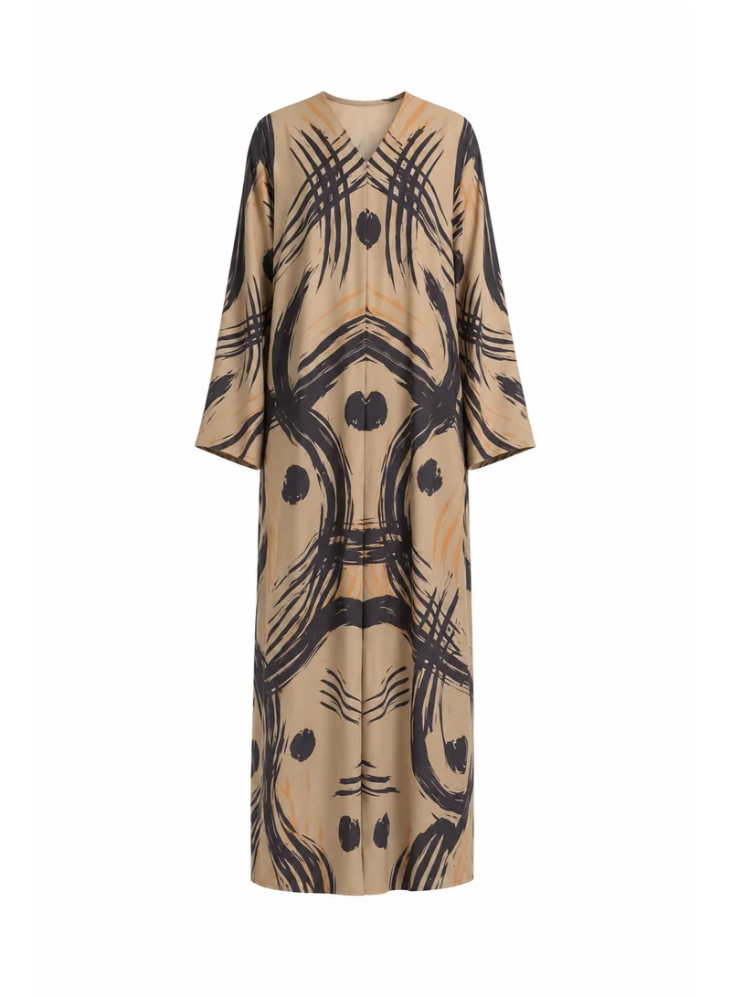 Women's Silk Abaya, Sand Beige with Charcoal Black Abstract Brush Print, Full Length Modest Kaftan Dress with Matching Hijab, Sizes 52-60 inches